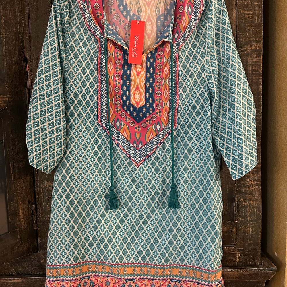 Urban CoCo Bohemian Neck Tie Vintage Printed Ethnic Style Shift Dress Small - Picture 4 of 6